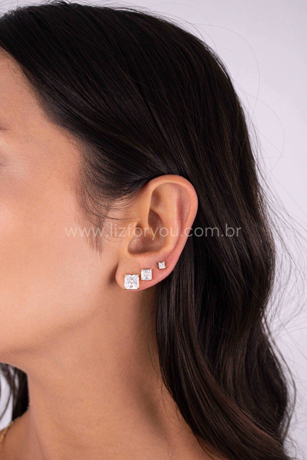 Brinco Trio Quadrado Cristal 