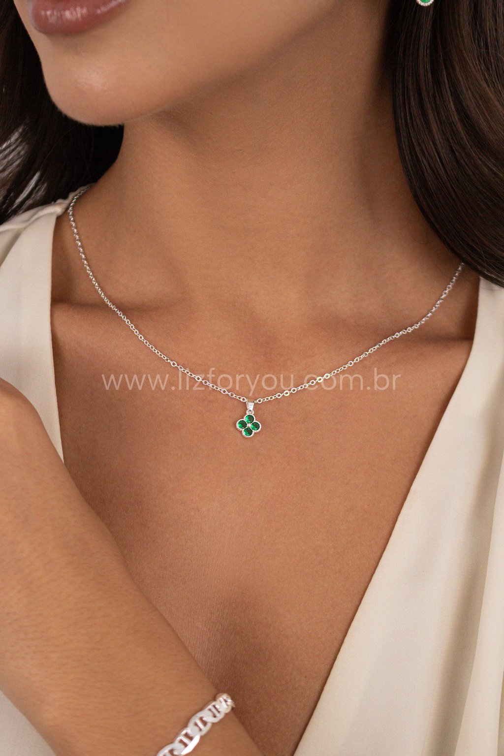 Colar Trevo Zircônia Verde